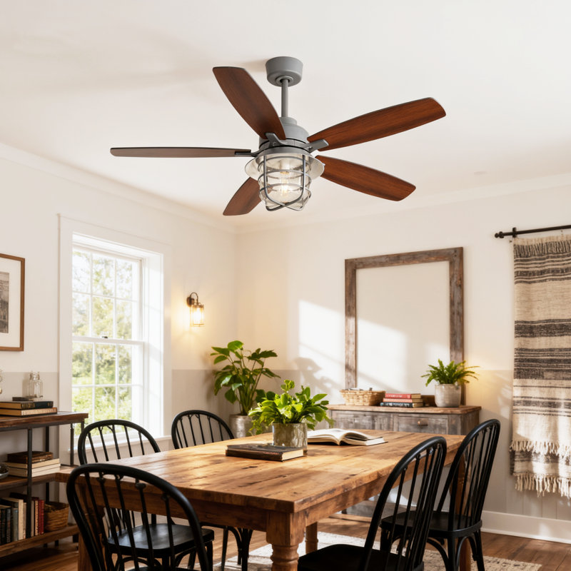 Ventilateur de plafond 52 po avec lumière - moteur à courant continu, télécommande à 6 vitesses, abat-jour en verre bullé, pales réversibles à double finition (gris ciment et noyer), DEL chaude à intensité variable avec mémoire, fonctionnement silencieux et minuterie - idéal pour la chambre à coucher et le salon
