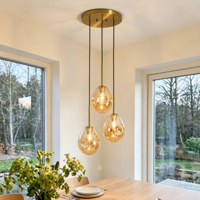 3-Light Modern Pebble Textured Amber Glass Pendant