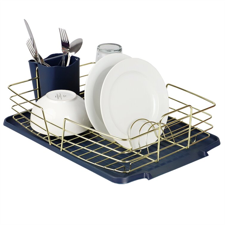 Michael Graves Elevated 2 Tier Aluminum Dish Rack with Anti-Skid Feet and  Removable Utensil Holder, Grey