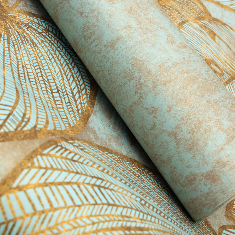 Julie Feels Home Glitter/Shimmer Monstera Leaf and Plain Twinwall Design 4-panel Wall Mural, Teal Gold
