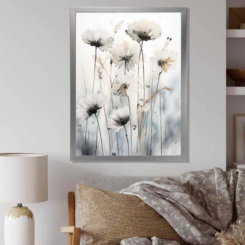 «Minimal White Ang Grey Cornflowers Expression», reproduction sur toile, Cadre simple argenté, H 40 po x l 30 po x P 1,5 po