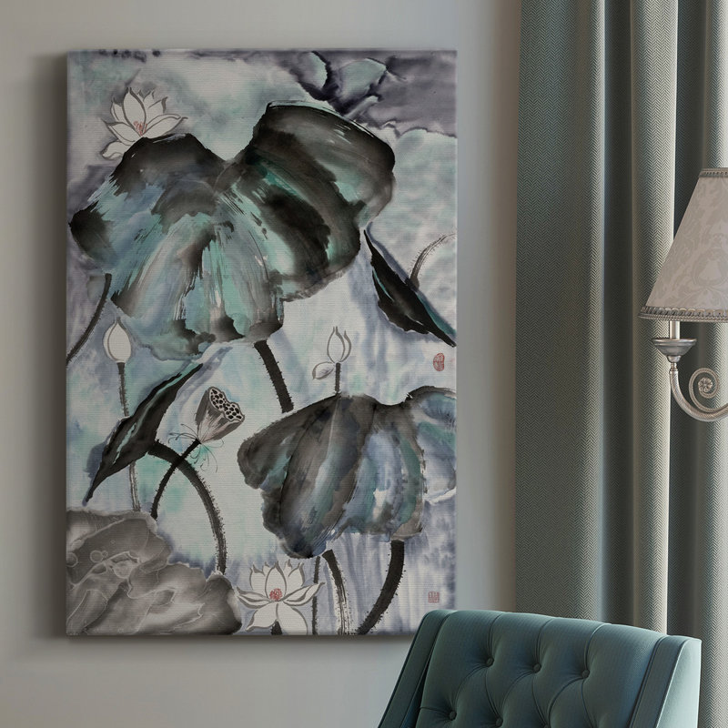 Étude de lotus avec bleu vert II - peinture sur toile tendue, H 36 po x l 24 po x P 1 po