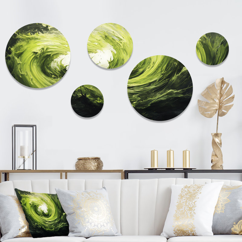 «Green Spiral Neon Fusion 2», ensemble de 5 collages abstraits ronds