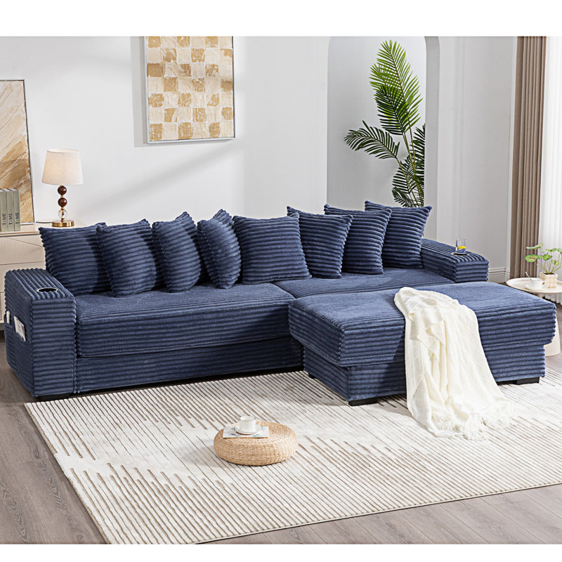 Canapé modulaire en forme de L, canapé modulaire avec repose-pieds mobile, Blue Corduroy