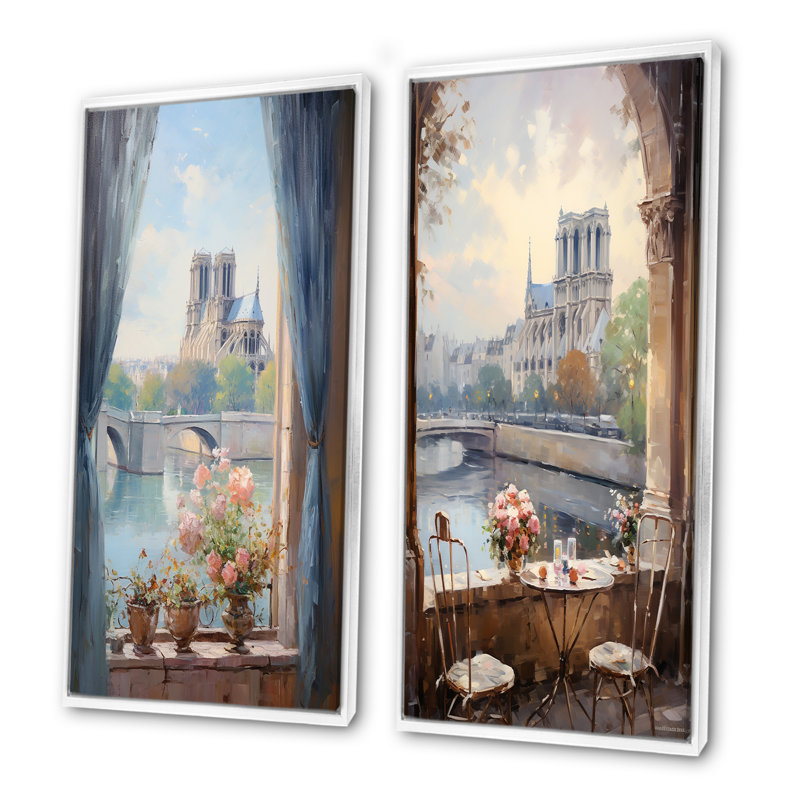 Notre Dame de Paris Floral View I - Paris, ensemble de 2 impressions sur toile, Cadre flottant blanc, H 32 po x l 33 po