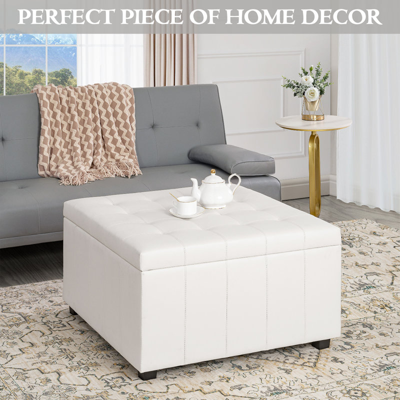 Grande table basse avec repose-pieds capitonnée et rembourrée avec rangement de 31 po Dearrius Vegan, Similicuir blanc