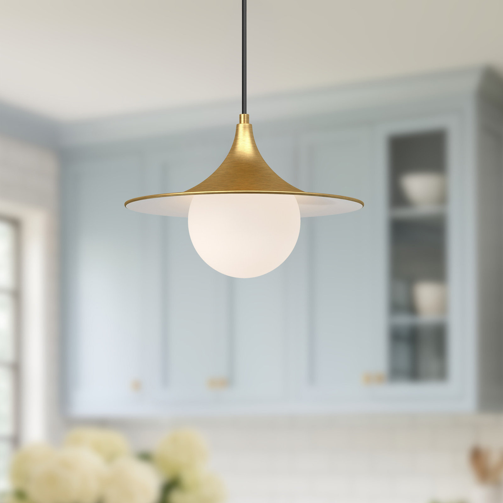 Hermit Single Light Glass Pendant, Brushed Gold/Opal Matte Glass, 83.75" H x 12.5" W x 12.5" D