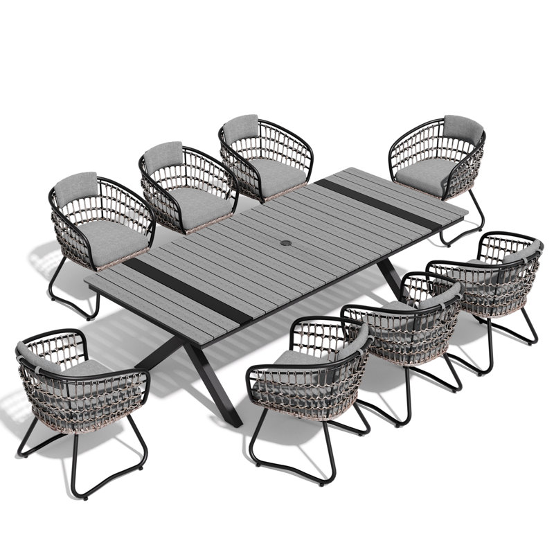 8 - Person Aluminum Outdoor Dining Set with Umbrella Hole and Removable Cushion, Dark Gray/Gray