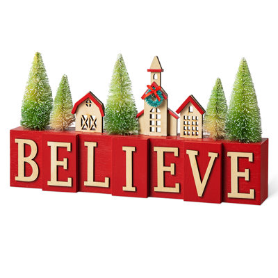 14"L Christmas Wooden House/Brush Trees Table Décor
