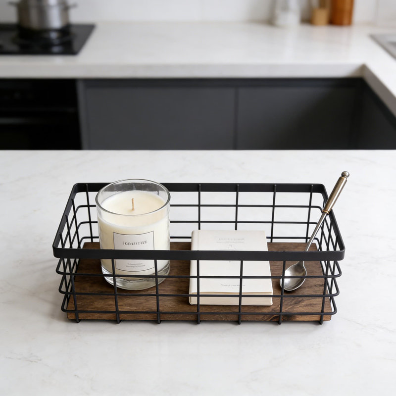 Metal Wire Storage Basket With Detachable Wood Base, Versatile Organizer Bin For Kitchen, Bathroom, Pantry, Garage, And Laundry Room
