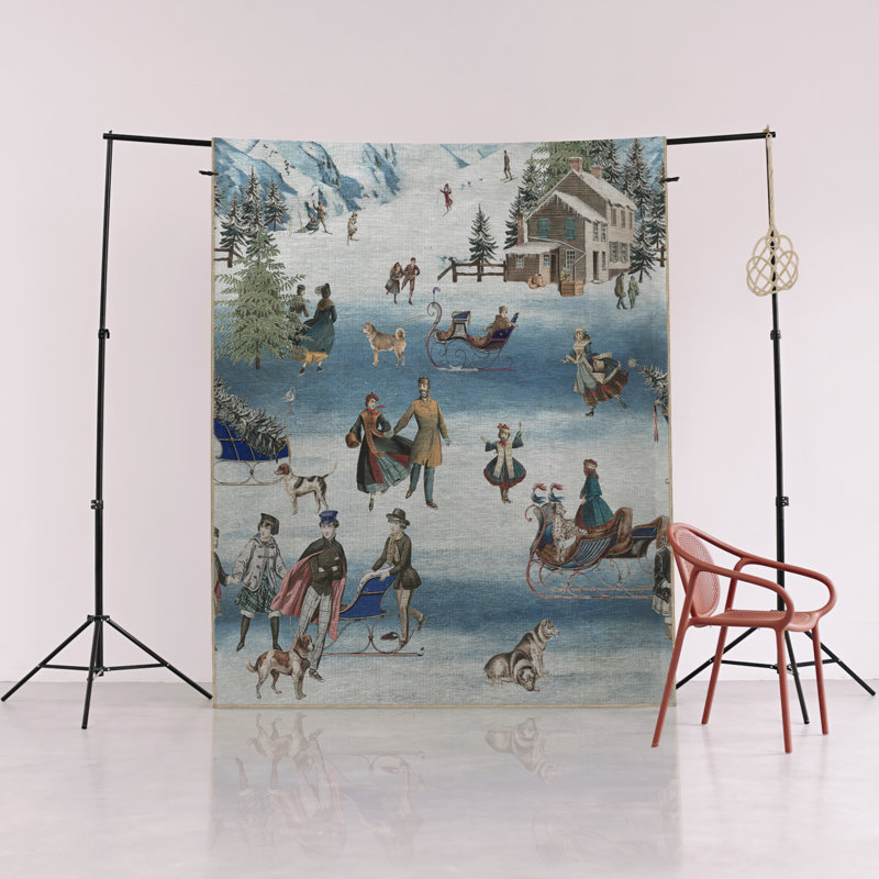 Tapis décoratif moderne de style traîneau, loup et humain à thème hivernal, Rectangle 4 pi 7 po x 6 pi 6 po