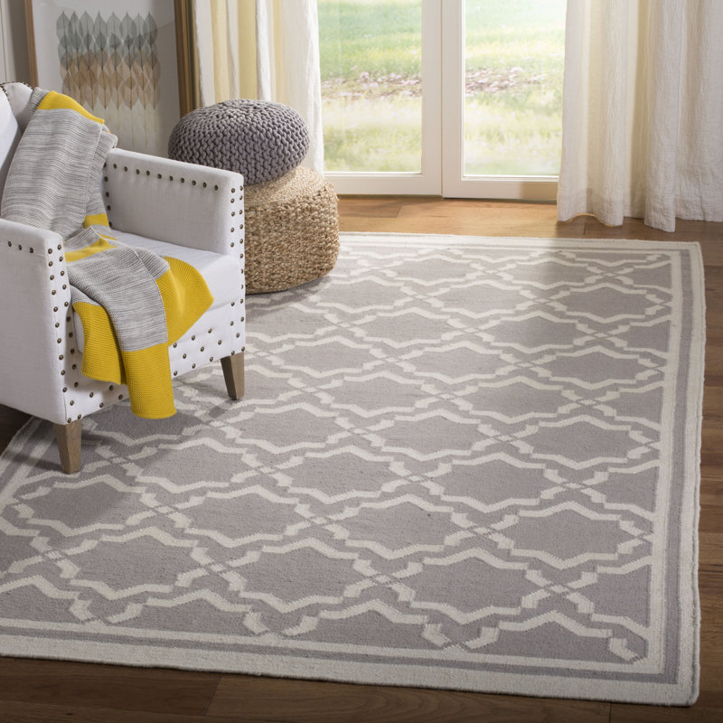 Rodgers Hand Woven Flat Weave Wool/Cotton Geometric Rug in Gray/Ivory, Rectangle 10' x 14'
