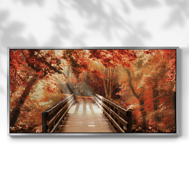 Pont d'automne - Toile tendue avec châssis encadré - Prêt à être accroché, H 25 po x l 49 po, Argent argent