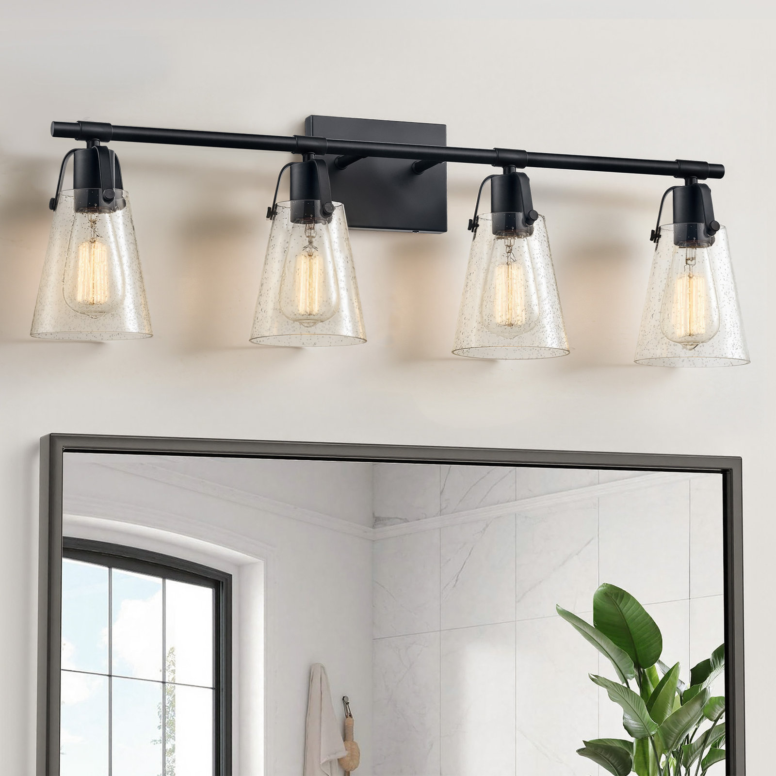 August Grove® 4-Light Seeded Glass Vanity Light, Matte Black, 4 Lights