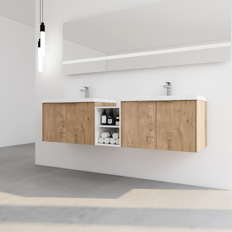 Meuble-lavabo moderne de 72 po avec lavabo, portes à fermeture silencieuse silencieuse, meuble-lavabo en résine, porte lisse, espace généreux