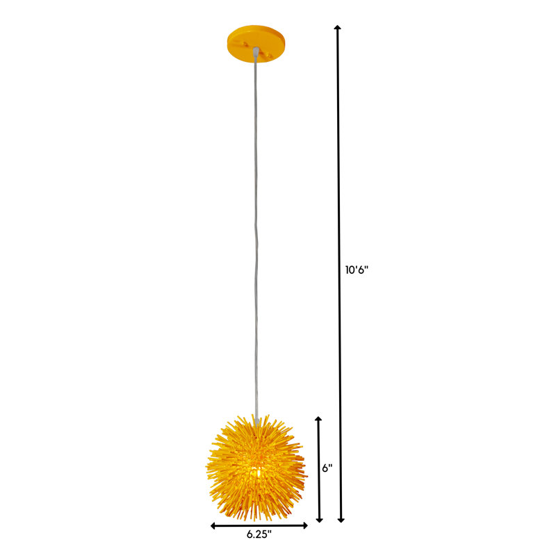 Luminaire suspendu sphérique unique à 1 lumière Urchin, Jaune vif, H 6 po x l 6,25 po x P 6,25 po