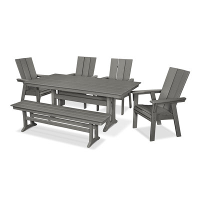 Modern Adirondack Curveback Adirondack 6-Piece Farmhouse Dining Set with Trestle Legs and Bench