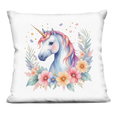Coussin décoratif imprimé licorne rose avec éclaboussures de peinture, design Creative Studio