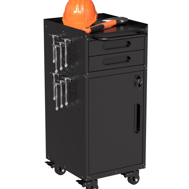 Armoire de rangement roulante étroite de 34,3 po - idéale pour les espaces restreints, avec porte verrouillable, 2 tiroirs et quatre pivotants, garage en métal mince, armoire inférieure, grande poignée supérieure, conception moderne,