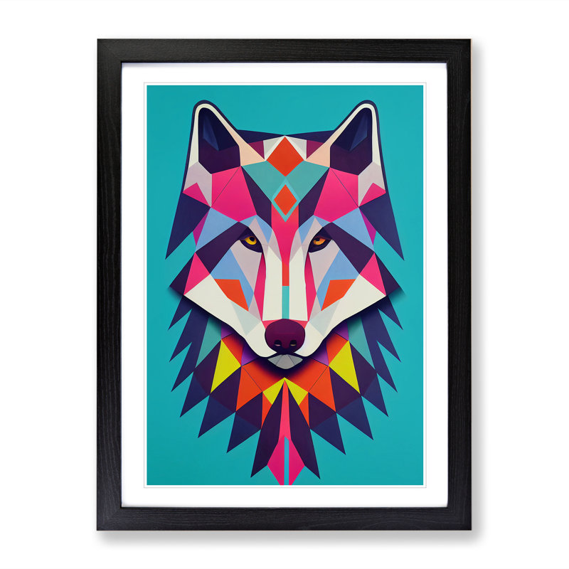 Colourful Abstract Wolf - Wall Art, Black Framed, 36cm H x 27cm W x 2cm D, White