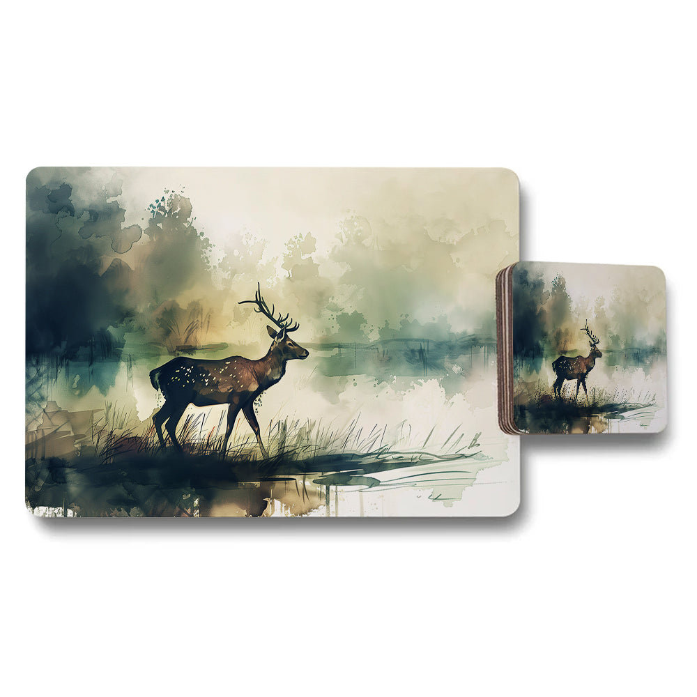 Watercolor Deer Placemat And Coaster Set With Forest Scene