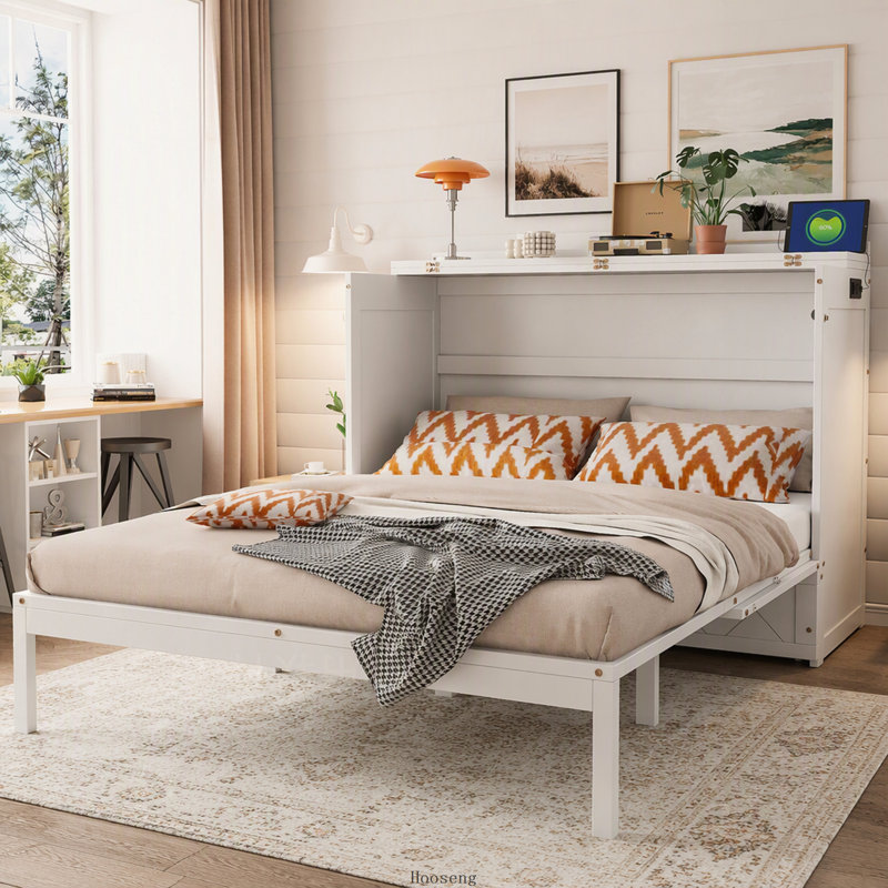 Lit escamotable Queen avec tiroir, prises et ports USB, blanc, Blanc