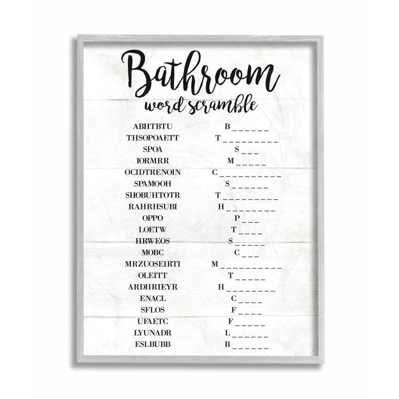 «Bathroom Word Scramble White and Black», impression, H 16 po x l 20 po x P 1,5 po, Estampe numérique Farmhouse