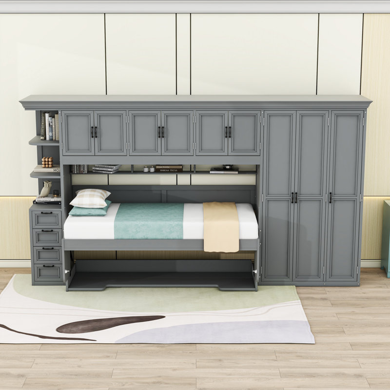 Lit escamotable convertible simple avec grand rangement et bureau, Gris