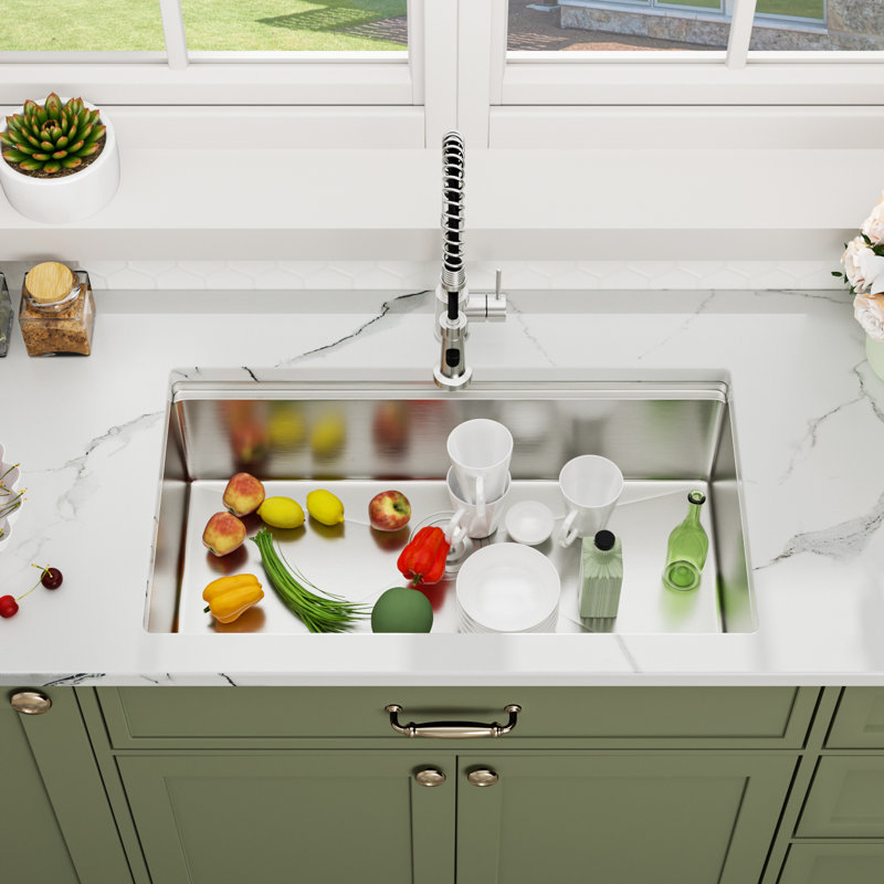 Évier de cuisine encastré à simple cuve en acier inoxydable 16G avec planche à découper L 33 po x l 19 po, grille inférieure en acier inoxydable, support à roulettes