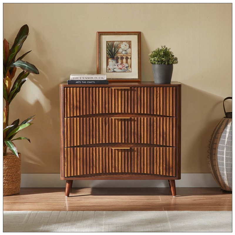 Commode 3 tiroirs cannelée, commode haute Mid-Century moderne avec rainure verticale, armoire de rangement en bois massif, 1