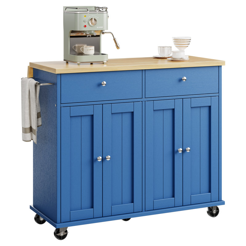 Rolling Kitchen Island Cart With Butcher Block Top – Portable Workstation With Storage Shelves, Locking Wheels, White