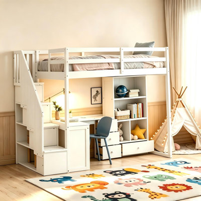 Lit mezzanine simple avec escalier et tiroirs de rangement en L en bois de pin massif pour enfants, adolescents, blanc.