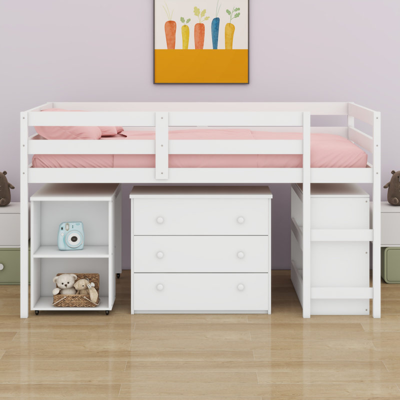 Lit mezzanine bas avec tablette, tiroirs et bureau portatif à roulettes, Blanc