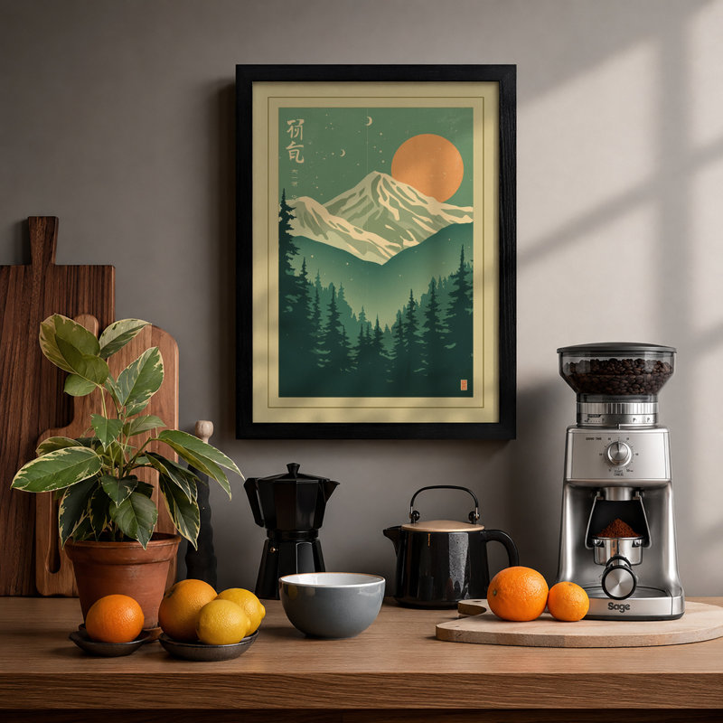 Mountain Under Rising Sun Japandi - Framed Print, A3 - 42.0 x 29.7 cm, Black
