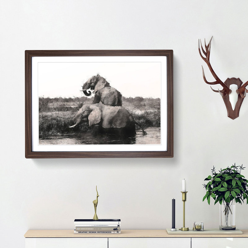 Two Elephants - Picture Frame Graphic Art Print, 62cm H x 87cm W x 2cm D, Walnut Framed