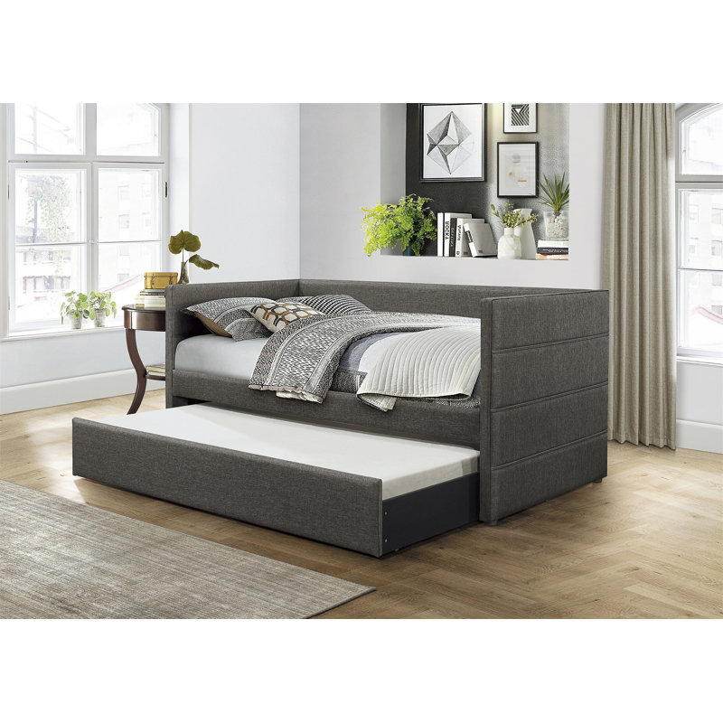 Modern Style Daybed With Trundle Dark Gray Fabric Upholstered Wooden Furniture 1Pc