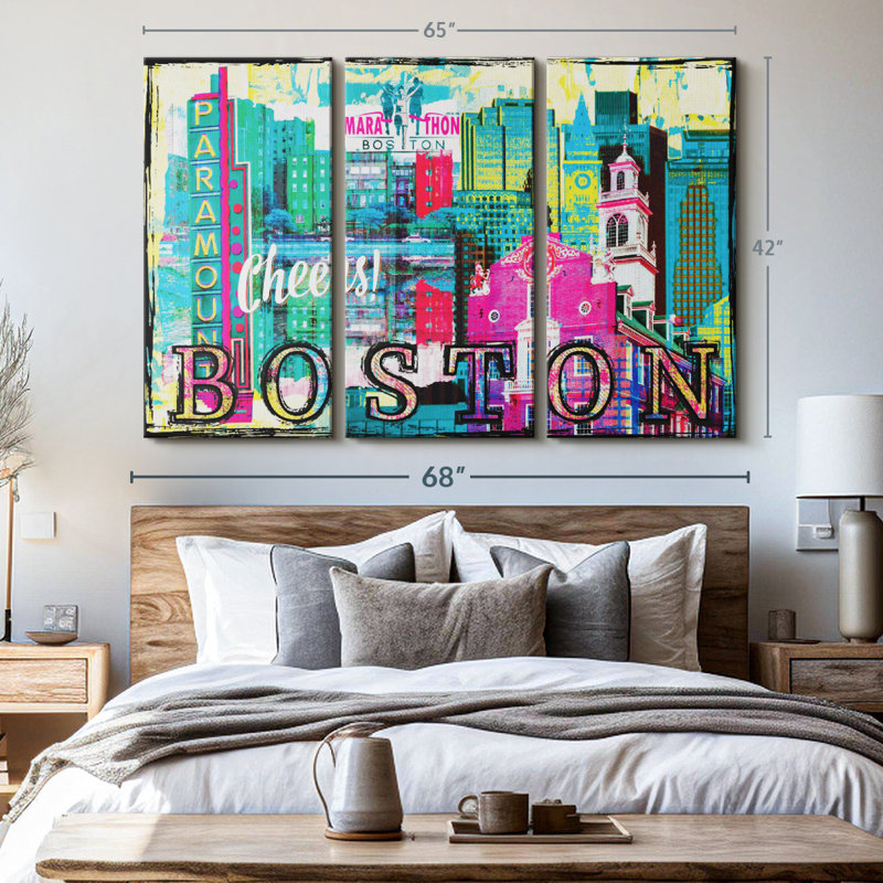 «Boston City Repères Grunge», 3 pièces sur toile, H 42 po x l 65 po x P 1,25 po