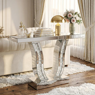 Mirrored Console Table with Crushed Diamond Inlay, V-Shaped Sparkly Entryway Table, Modern Glam Mirrored Furniture for Living Room Hallway Foyer, Silver