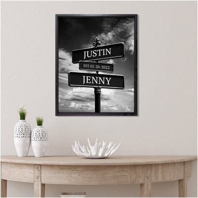 Personalized Street Sign Canvas Wall Art with Custom Names & Date – Black and White Minimalist Design, Modern Framed Décor for Couples and Anniversaries