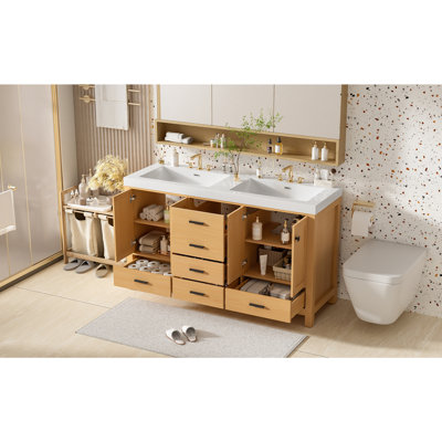 59.3" Bathroom Vanity with Solid Wood Frame & MDF Cabinet, Double SMC Resin Sink, Soft-Close Doors and Drawers, 4 Doors, 5 Drawers, Adjustable Shelves, Black Handles