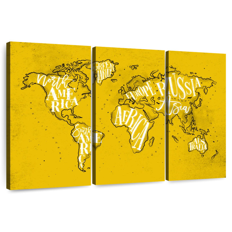 Carte du monde typographique jaune Aliaz, H 32 po x l 50 po