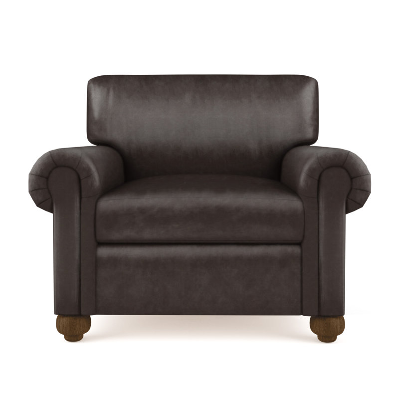 Fauteuil à panneau roulé avec pieds en oignon Leroy, H 36 po x l 41 po x P 49 po, Lin à tissage carré jacinthe, Brun foncé