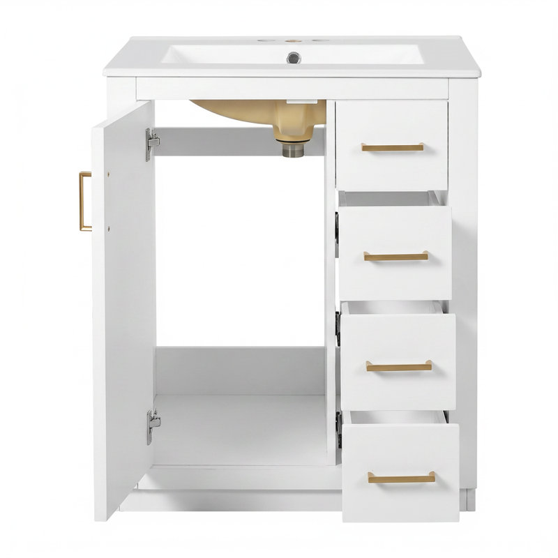 Meuble-lavabo autoportant 24 po en MDF + fer avec plateau à 3 tiroirs et portes à fermeture douce blanc intégré, White, 24''