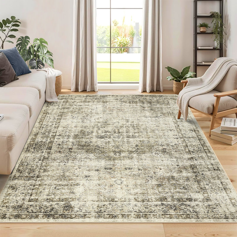 Machine Washable Rug with Rubber Backing for Living Room Oriental Non-Slip Area Rug Easy-Cleaning Vintage Floor Carpet for Bedroom Dining Room Office Playroom Nursery