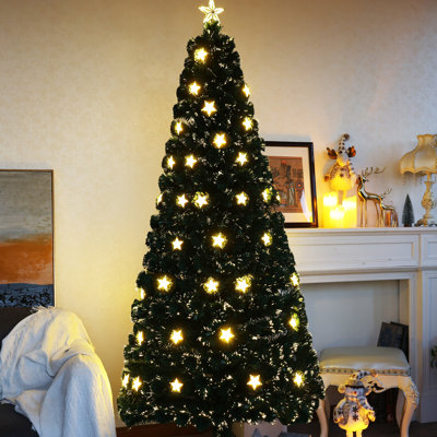 Pre-Lit Fibre Optic Artificial Christmas Tree with Warm White LED Lights and Gold Stars