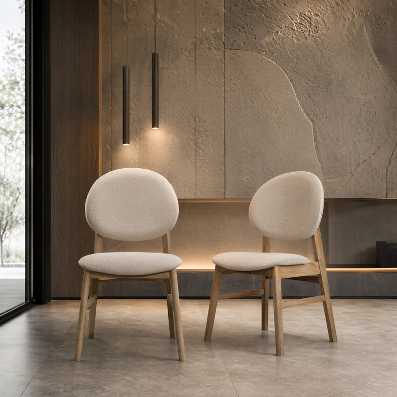 Upholstered Solid Wood Dining Chair, Beige, Oak