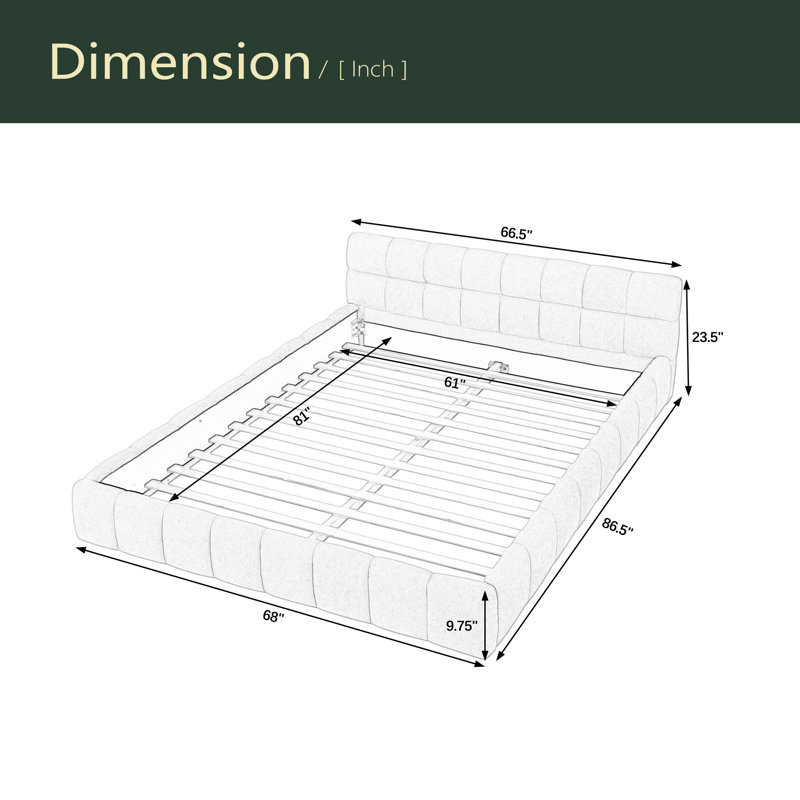 Queen Size Upholstered Bed Frame With Thick Fabric, Green
