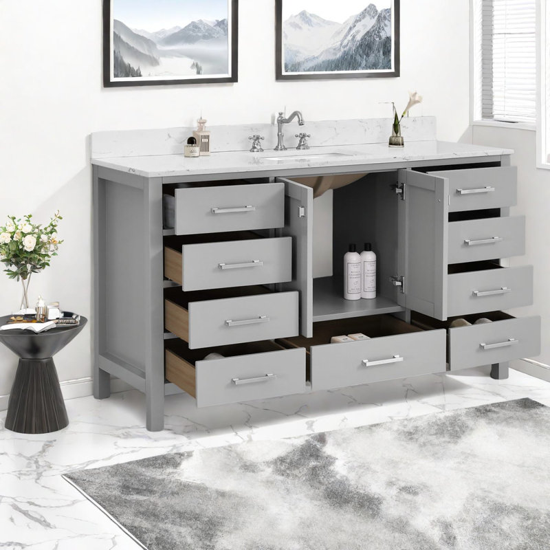 Meubles-lavabos modernes en bois gris avec rangement, armoire autoportante de 60 po et lavabo