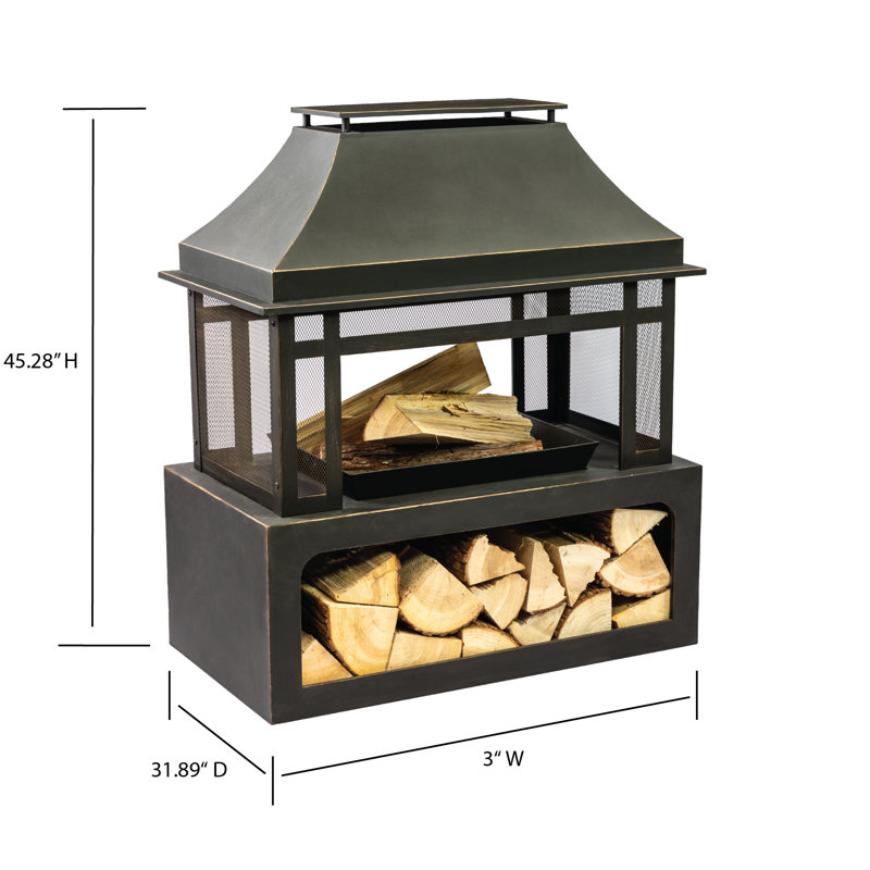 Black Steel 40'' Outdoor Fire Pit with Wood Storage