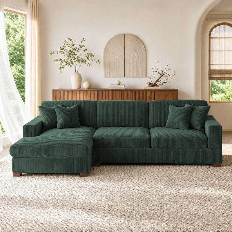 Milbrey 3-Piece Corduroy Modular Sectional with Loose Back, Left Hand Facing, Hunter Green Corduroy